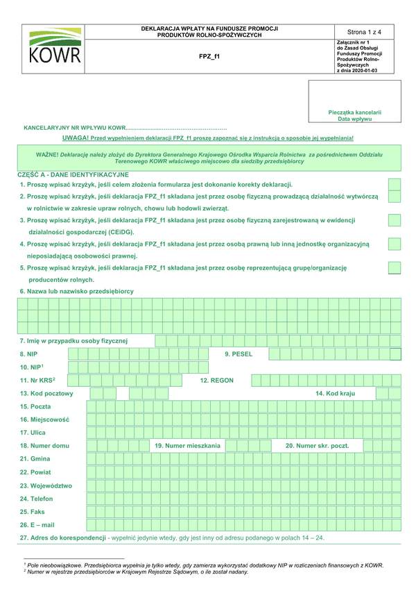 ARR FPZ_f1  (archiwalny) Deklaracja wpłaty na fundusze promocji produktów rolno-spożywczych