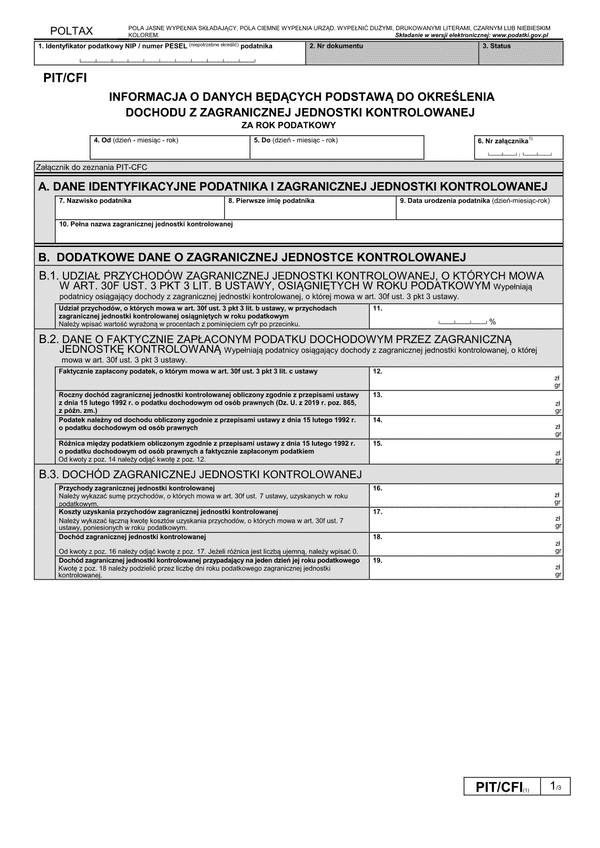 PIT/CFI (1) (archiwalny) Informacja o danych będących podstawą do określenia dochodu z zagranicznej jednostki kontrolowanej