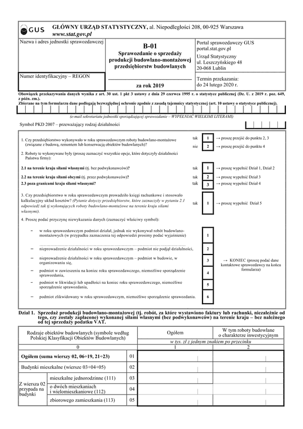 GUS B-01 (2019) (archiwalny) Sprawozdanie o sprzedaży produkcji budowlano-montażowej przedsiębiorstw budowlanych za rok 2019