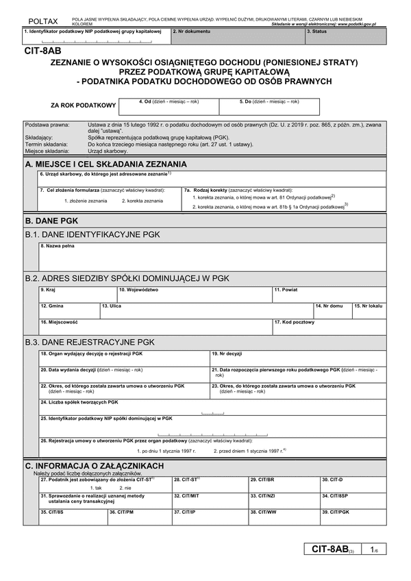 CIT-8AB (3) (archiwalny) Zeznanie o wysokości osiągniętego dochodu (poniesionej straty) przez podatkową grupę kapitałową - podatnika podatku dochodowego od osób prawnych