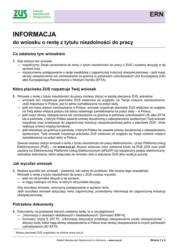 ZUS ERN Inf (archiwalny) Informacja do wniosku o rentę z tytułu niezdolności do pracy