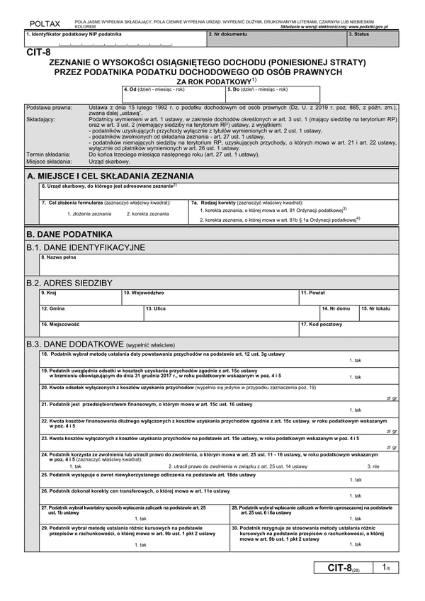 CIT-8 (28) (archiwalny) Zeznanie o wysokości osiągniętego dochodu (poniesionej straty) przez podatnika podatku dochodowego od osób prawnych (dochód/strata osiągnięty po 1 stycznia 2019)