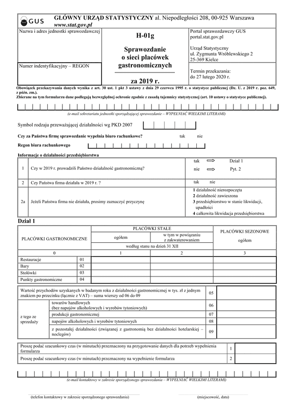 GUS H-01/g (archiwalny) (2020) Sprawozdanie o sieci placówek gastronomicznych