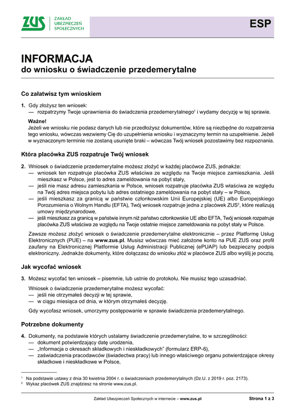 ZUS ESP Inf (archiwalny) Informacja do wniosku o świadczenie przedemerytalne