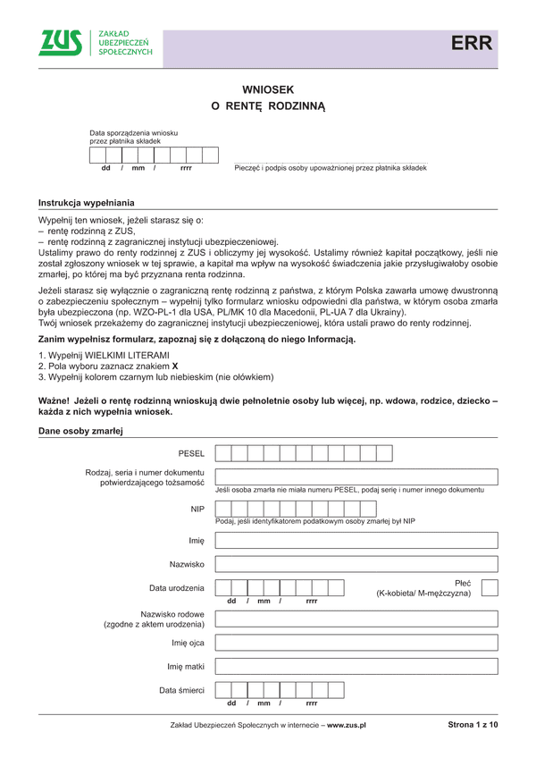 ZUS ERR (archiwalny) Wniosek o rentę rodzinną