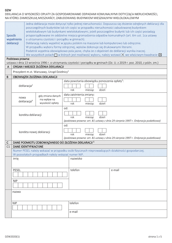 DZW Deklaracja o wysokości opłaty za gospodarowanie odpadami komunalnymi dla nieruchomości, na której zamieszkują mieszkańcy, zabudowanej budynkiem mieszkalnym wielolokalowym (Warszawa)