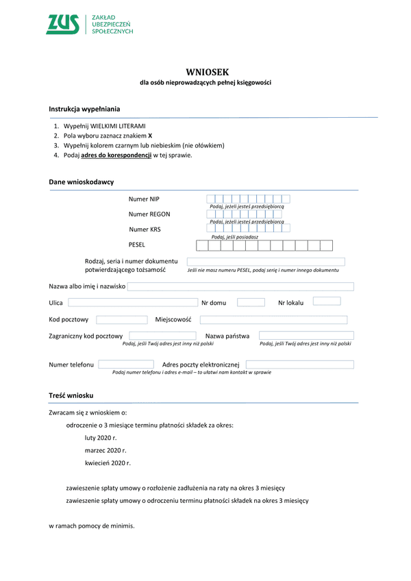 ZUS EOP (archiwalny) Wniosek o odroczenie płatności ZUS (koronawirus) dla osób nieprowadzących pełnej księgowości