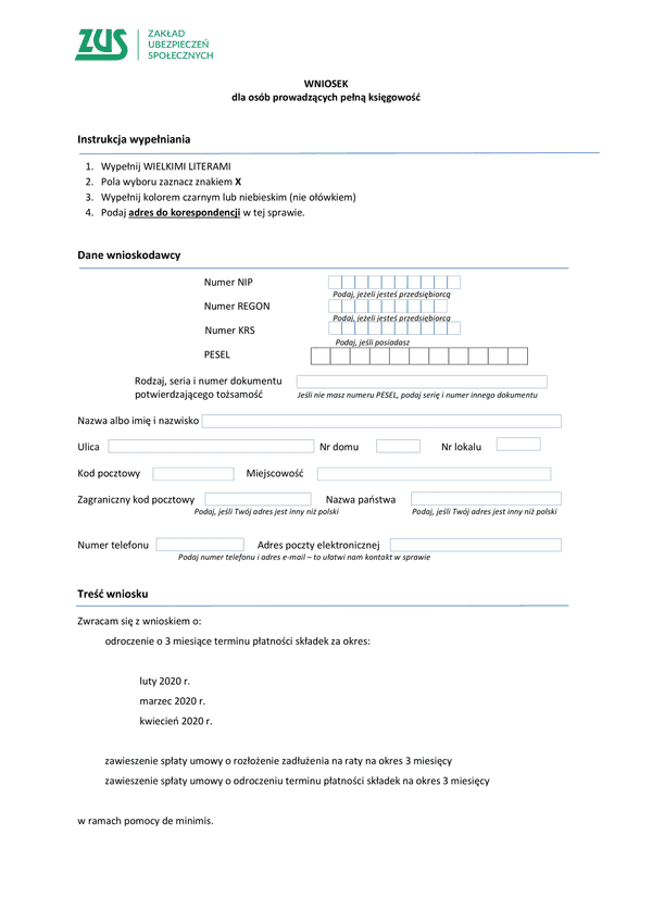 ZUS EOP (archiwalny) Wniosek o odroczenie płatności ZUS (koronawirus) dla osób prowadzących pełną księgowość
