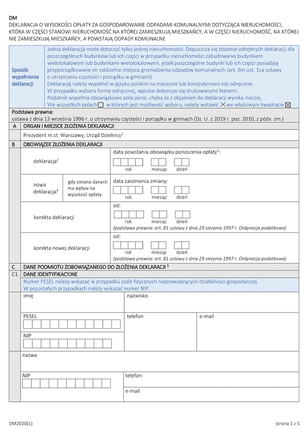 D-M (archiwalny) Deklaracja o wysokości opłaty za gospodarowanie odpadami komunalnymi dla nieruchomości, która w części stanowi nieruchomość, na której zamieszkują mieszkańcy, a w części nieruchomość, na której nie za