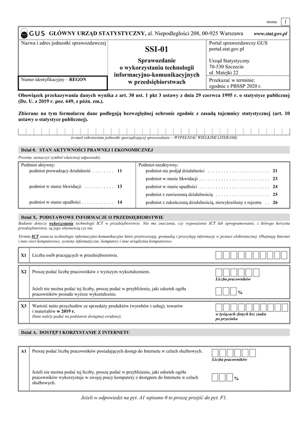 GUS SSI-01 (archiwalny) Sprawozdanie o wykorzystaniu technologii informacyjno-telekomunikacyjnych w przedsiębiorstwach