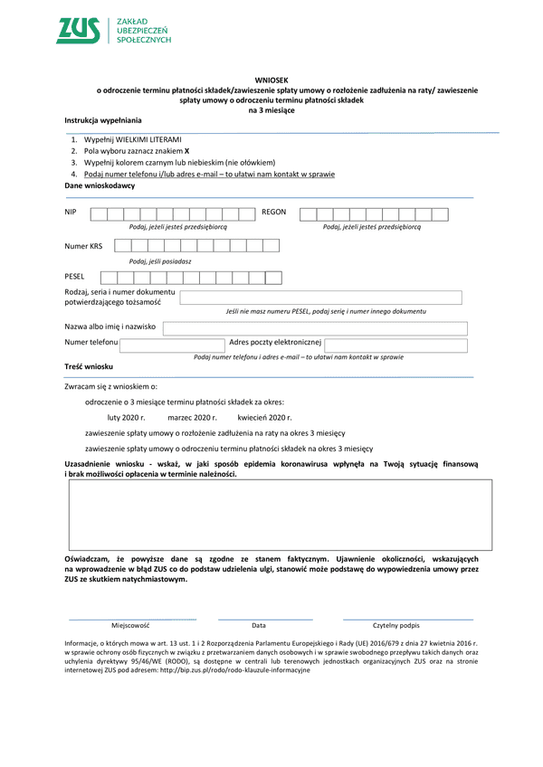 ZUS EOP (archiwalny) WNIOSEK o odroczenie terminu płatności składek/zawieszenie spłaty umowy o rozłożenie zadłużenia na raty/ zawieszenie spłaty umowy o odroczeniu terminu płatności składek na 3 mie