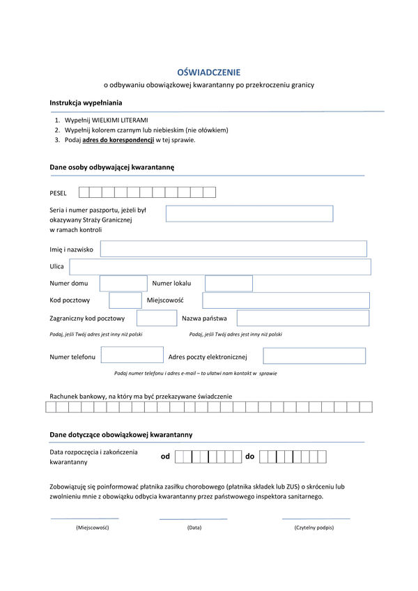 OoOK (archiwalny) (Covid-19 koronawirus) Oświadczenie o odbywaniu obowiązkowej kwarantanny po przekroczeniu granicy