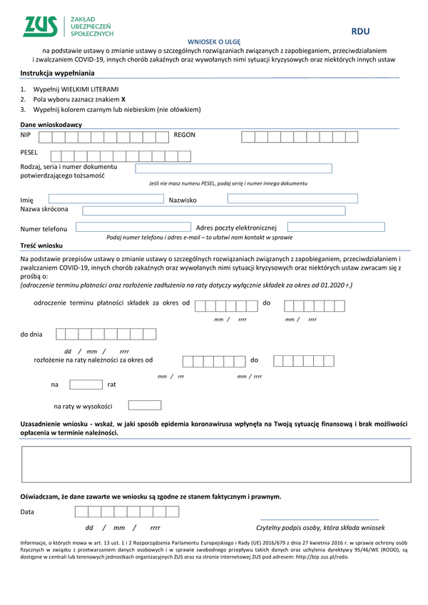 ZUS RDU (archiwalny) Wniosek o ulgę  na podstawie ustawy o zmianie ustawy o szczególnych rozwiązaniach związanych z zapobieganiem, przeciwdziałaniem  i zwalczaniem COVID-19, innych chorób zakaźnych oraz wywołanych nimi sytuacji kryzysowych oraz niektórych