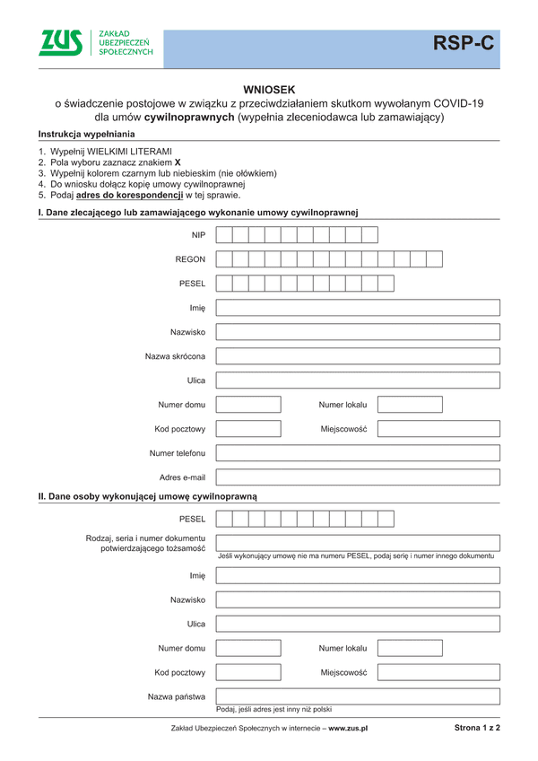 ZUS RSP-C  (archiwalny) (Covid-19 koronawirus) WNIOSEK o świadczenie postojowe w związku z przeciwdziałaniem skutkom wywołanym COVID-19 dla umów cywilnoprawnych
