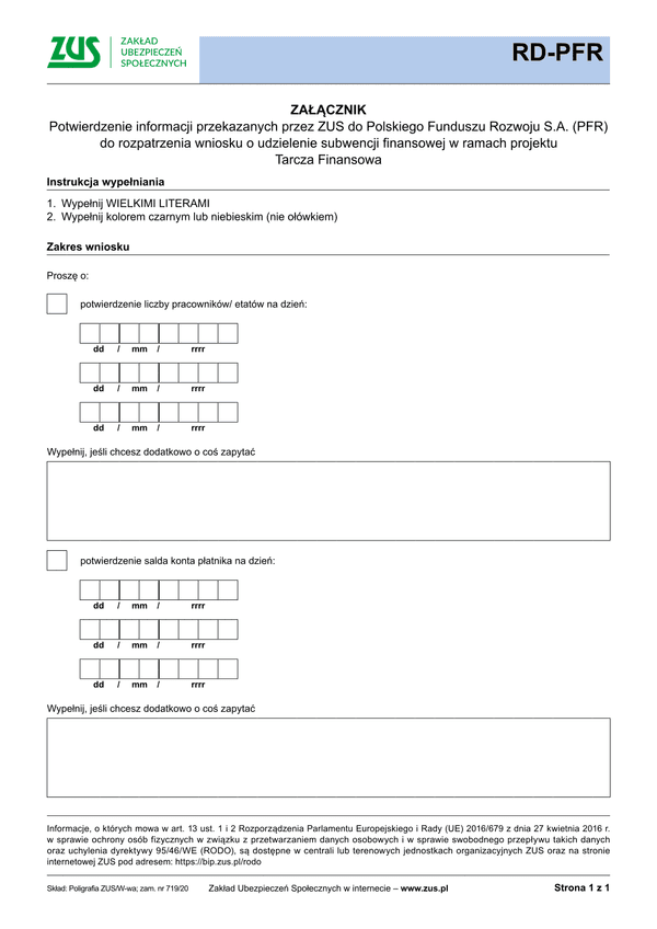ZUS RD-PFR (archiwalny) (Covid-19 koronawirus) Potwierdzenie informacji przekazanych przez ZUS do Polskiego Funduszu Rozwoju S.A. (PFR) do rozpatrzenia wniosku o udzielenie subwencji finansowej