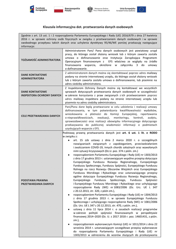 PSZ-DKWO KR (archiwalny) Klauzula RODO do wniosku o wypłatę dofinansowania części kosztów wynagrodzeń pracowników oraz należnych od tych wynagrodzeń składek na ubezpieczenia społeczne (Covid-19 koronawirus)