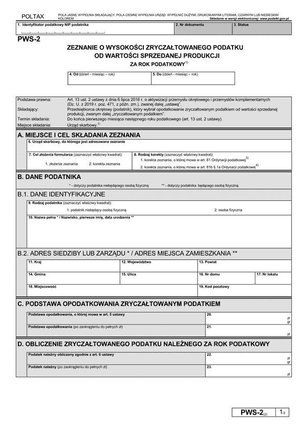 PWS-2 (2) Zeznanie o wysokości zryczałtowanego podatku od wartości sprzedanej produkcji