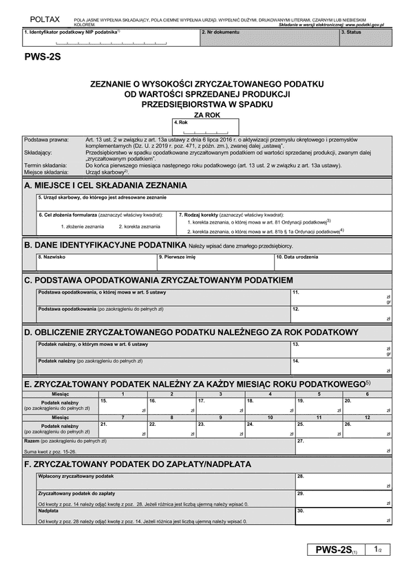 PWS-2S (2) Zeznanie o wysokości zryczałtowanego podatku od wartości sprzedanej produkcji przedsiębiorstwa w spadku