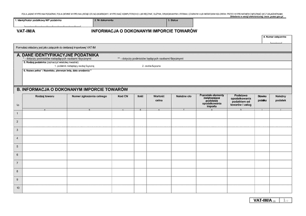 VAT-IM/A (3) Informacja o dokonanym imporcie