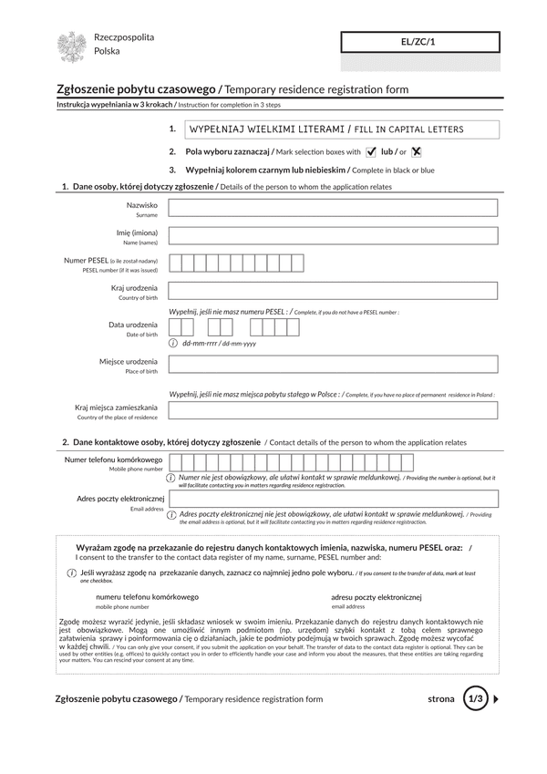 EL/ZC/1 Zgłoszenie pobytu czasowego