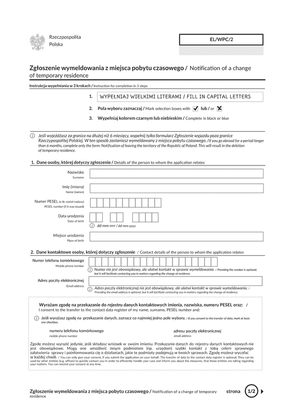 EL/WPC/2 Zgłoszenie wymeldowania z miejsca pobytu czasowego