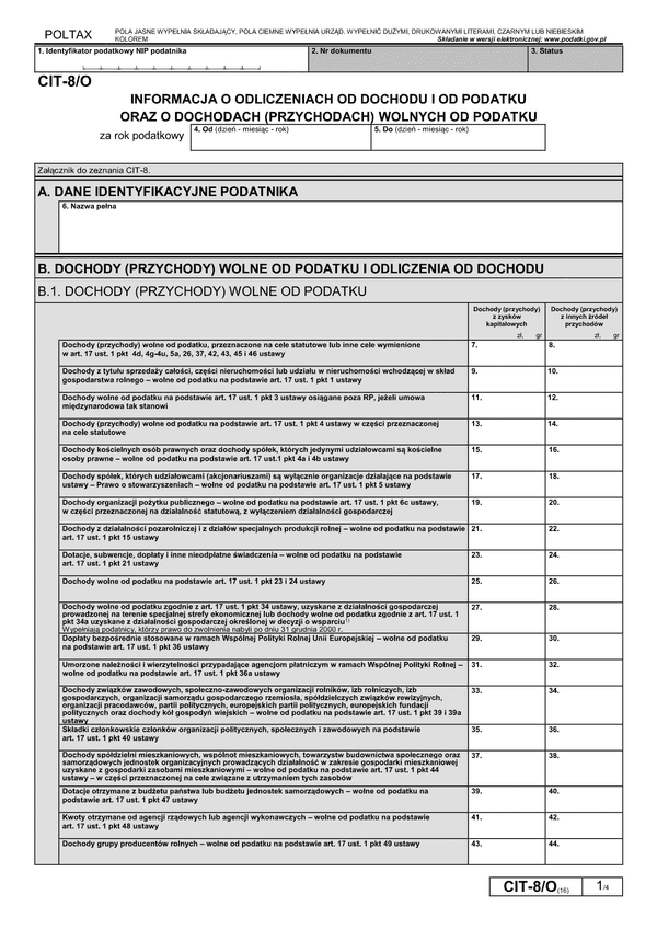 CIT-8/O (16) (archiwalny) Informacja o odliczeniach od dochodu i od podatku oraz o dochodach wolnych i zwolnionych od podatku