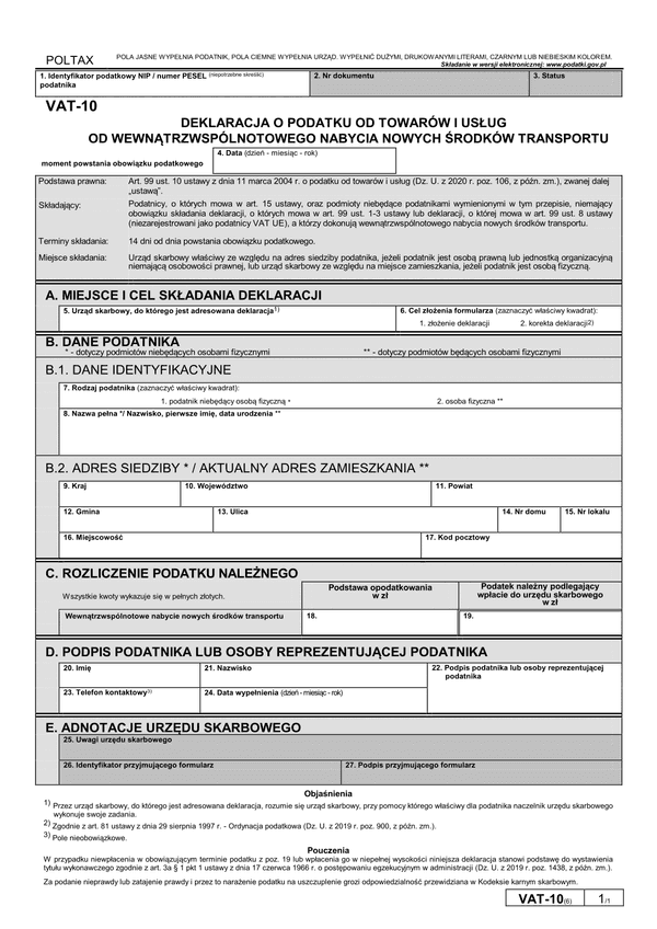 VAT-10 (6) Deklaracja dla podatku od towarów i usług przy wewnątrzwspólnotowym nabyciu nowych środków transportu