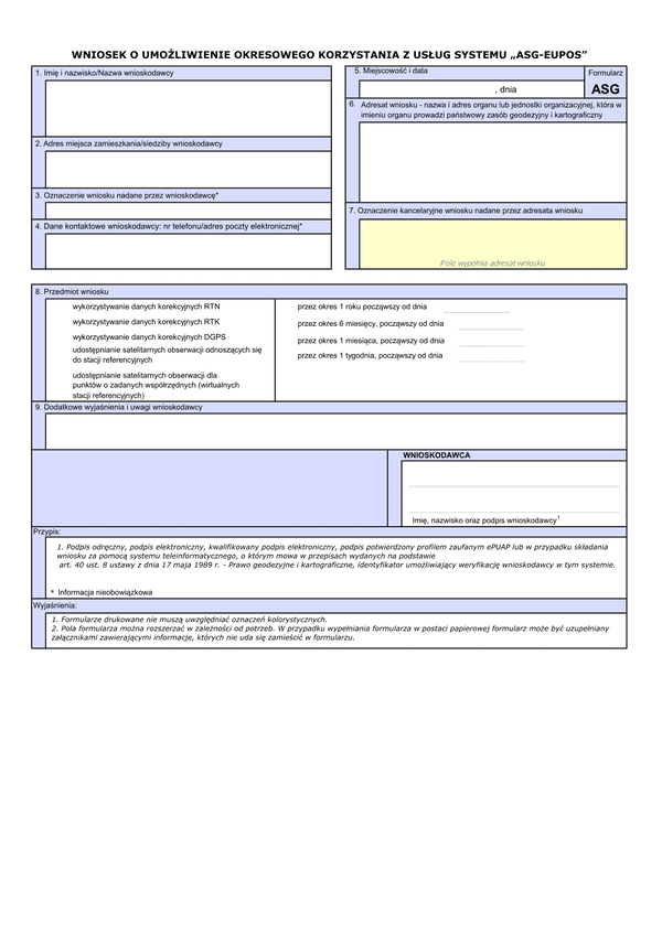 ASG (archiwalny) Wniosek o umożliwienie okresowego korzystania z usług systemu ASG-EUPOS