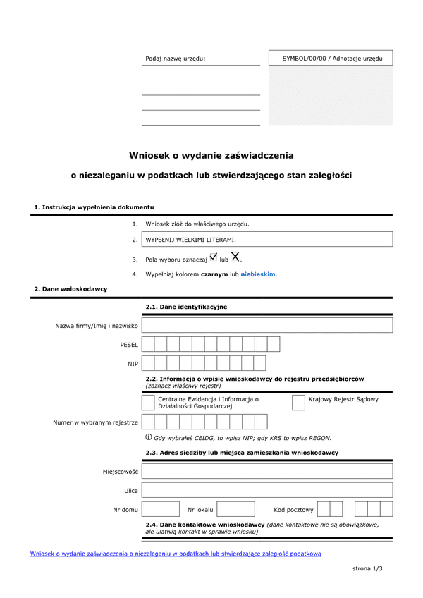 WoZNP (archiwalny) Wniosek o wydanie zaświadczenia o niezaleganiu w podatkach lub stwierdzającego stan zaległości