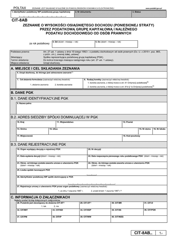CIT-8AB (4) (archiwalny) Zeznanie o wysokości osiągniętego dochodu (poniesionej straty) przez podatkową grupę kapitałową - podatnika podatku dochodowego od osób prawnych
