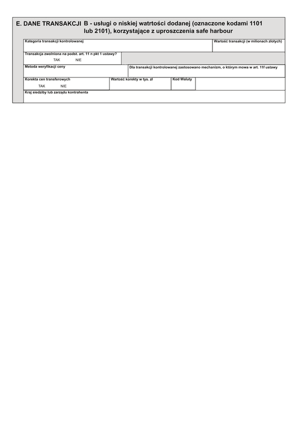 TPR-C zał.B (archiwalny) Dane transakcji B - usługi o niskiej wartości dodanej (oznaczone kodami 1101 lub 2101), korzystające z uproszczenia safe harbour