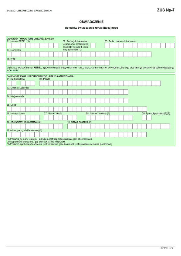 ZUS Np-7  (archiwalny) Wniosek o świadczenie rehabilitacyjne (dla Płatnika)
