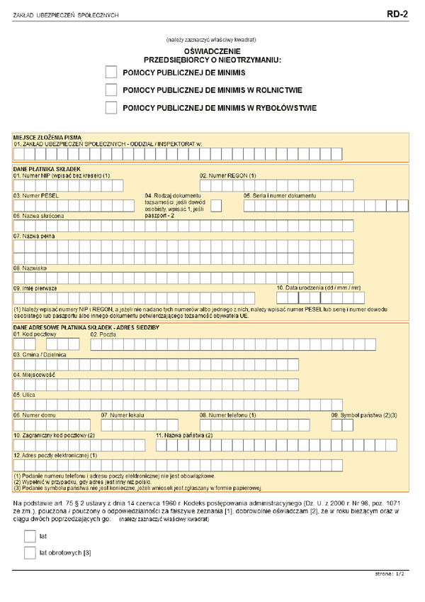 ZUS RD-2 (archiwalny) Oświadczenie o nieotrzymaniu pomocy publicznej de minimis, de minimis w rolnictwie, de minimis w rybołówstwie