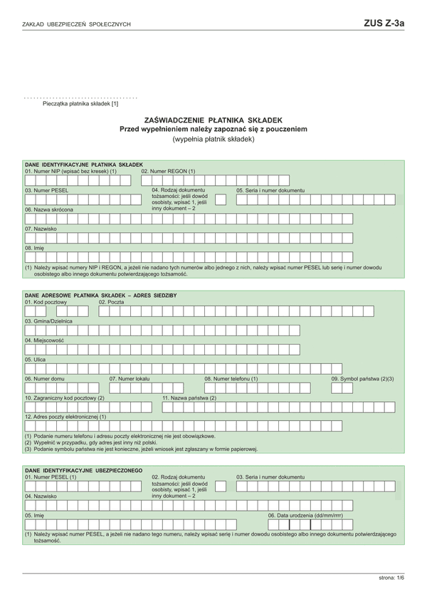 ZUS Z-3a (archiwalny) Zaświadczenie płatnika składek