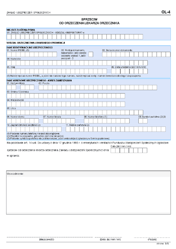 ZUS OL-4 (archiwalny) Sprzeciw wobec orzeczenia lekarza orzecznika