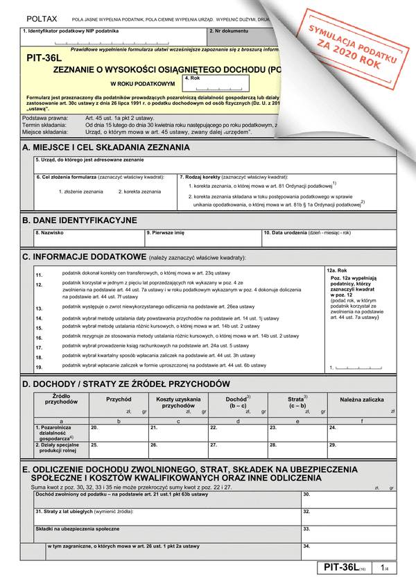 PIT-36L (16) (archiwalny) (2020 symulator) Zeznanie o wysokości osiągniętego dochodu (poniesionej straty)