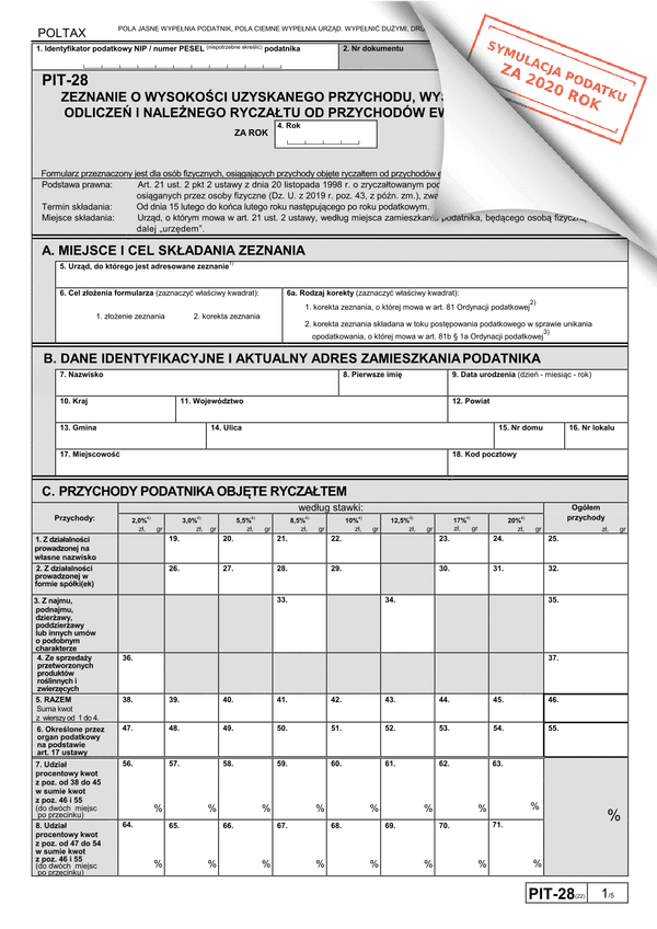 PIT-28 (22) (archiwalny) (2020 symulator) Zeznanie o wysokości uzyskanego przychodu, wysokości dokonanych odliczeń i należnego ryczałtu od przychodów ewidencjonowanych