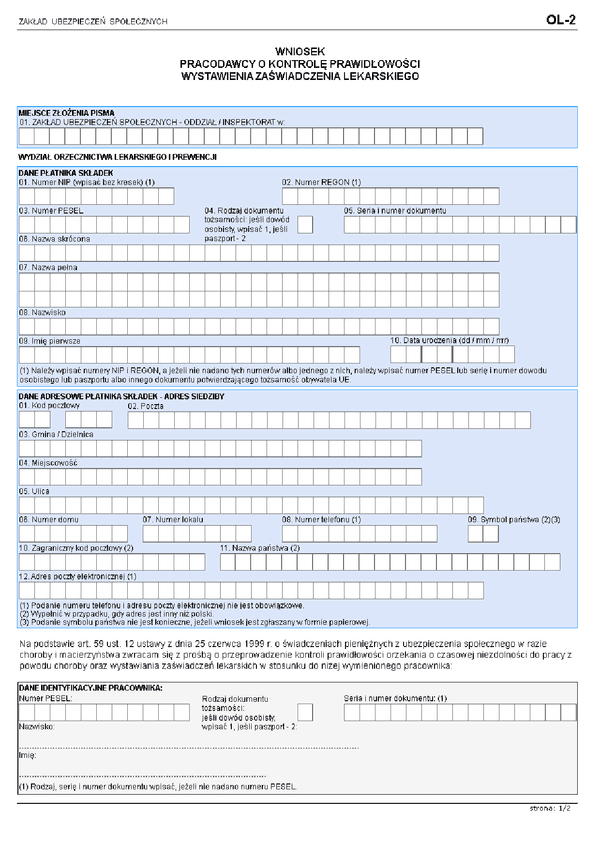 ZUS OL-2 (archiwalny) Wniosek pracodawcy o kontrolę zaświadczenia lekarskiego