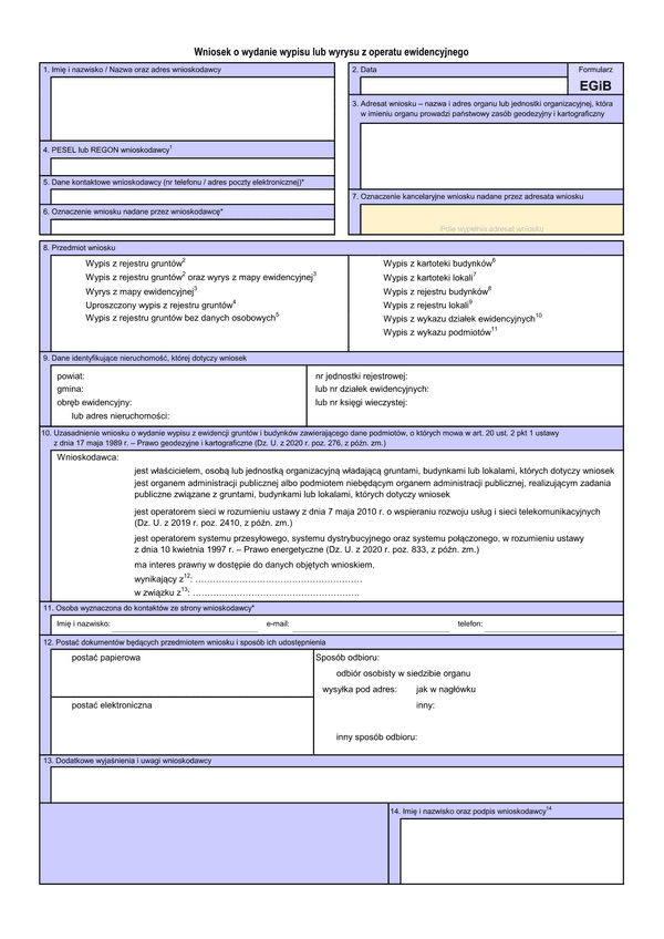 EGiB Wniosek o wydanie: wypisu/wypisu i wyrysu/wyrysu z ewidencji gruntów i budynków