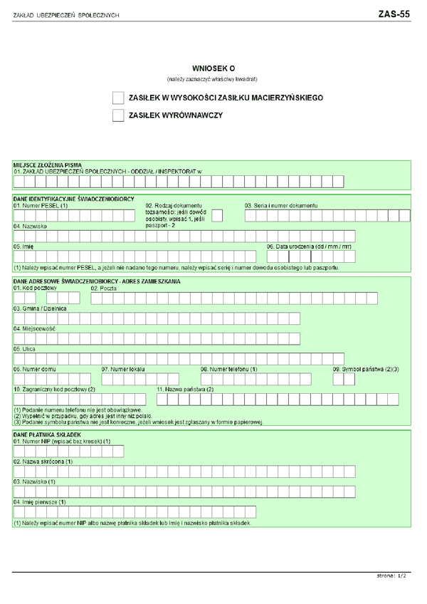 ZUS ZAS-55 (archiwalny) Wniosek o zasiłek w wysokości zasiłku macierzyńskiego i zasiłek wyrównawczy