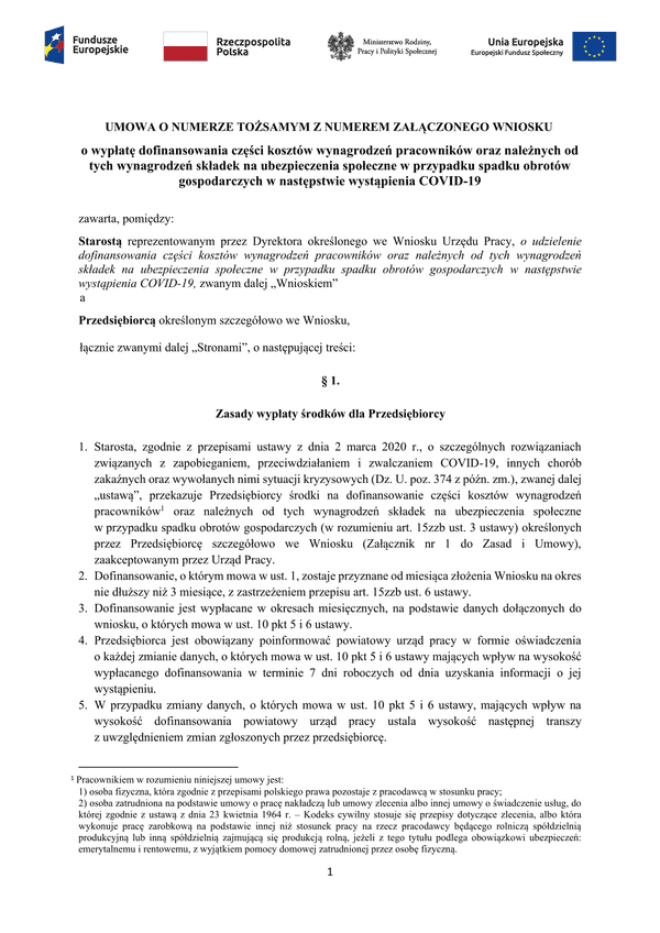 PSZ-DKWP Um (archiwalny) Umowa o wypłatę dofinansowania części kosztów wynagrodzeń pracowników oraz należnych od tych wynagrodzeń składek na ubezpieczenia społeczne w przypadku spadku obrotów gospodarczych