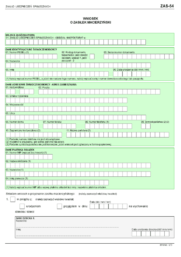 ZUS ZAS-54 (archiwalny) Wniosek o zasiłek macierzyński