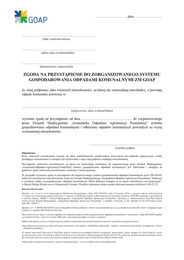 DOP-4 Poz (archiwalny) Zgoda na przystąpienie do zorganizowanego systemu gospodarowania odpadami komunalnymi ZM GOAP - aglomeracja Poznań