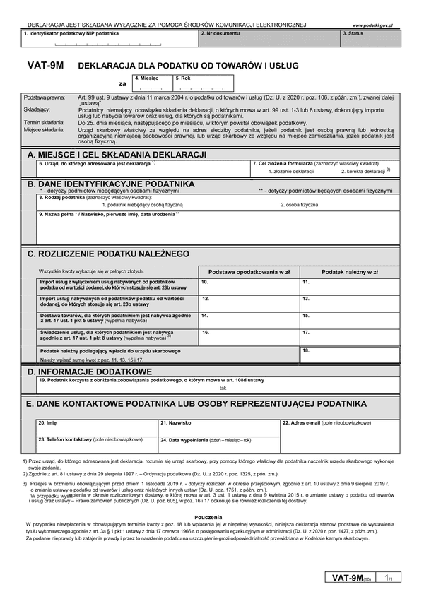 VAT-9M (10) Deklaracja dla podatku od towarów i usług