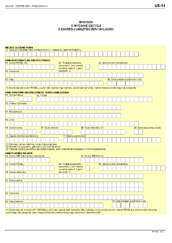 ZUS US-14 (archiwalny) Wniosek o wydanie decyzji z zakresu ubezpieczeń i składek