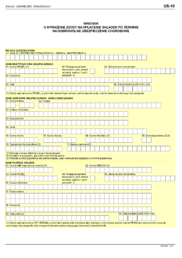 ZUS US-10 (archiwalny) Wniosek o wyrażenie zgody na opłacenie składek po terminie na ubezpieczenie emerytalne i rentowe/chorobowe
