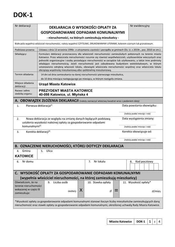 DOK-1 Kat (archiwalny) Deklaracja o wysokości opłaty za gospodarowanie odpadami komunalnymi - Katowice