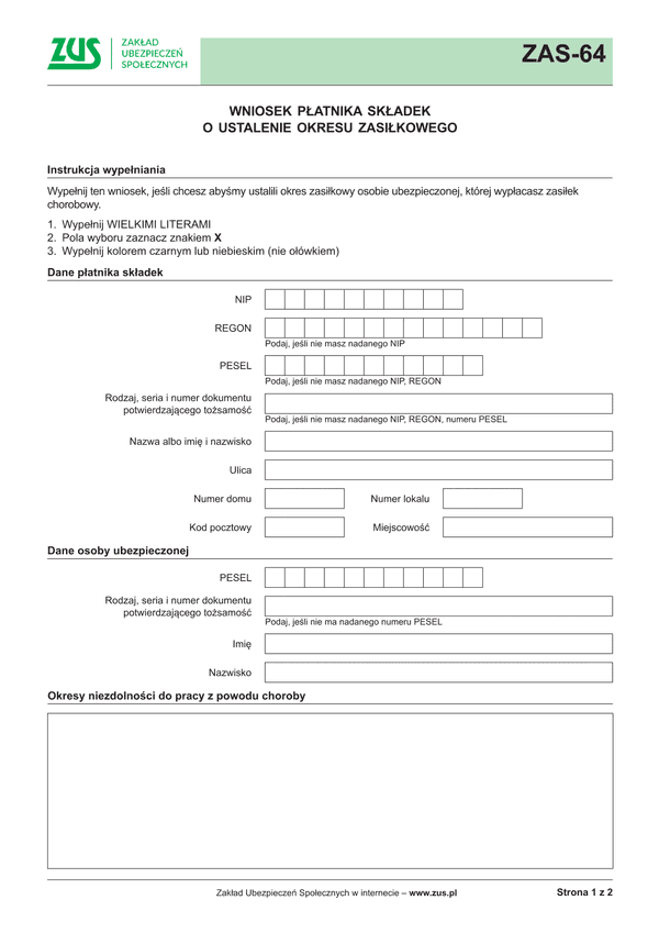 ZUS ZAS-64 Wniosek płatnika składek o ustalenie okresu zasiłkowego - z wysyłką do PUE ZUS