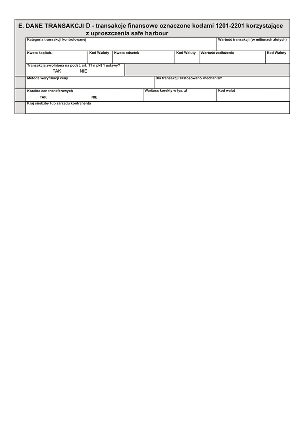 TPR-C zał.D (archiwalny) Dane transakcji D - transakcje finansowe oznaczone kodami 1201 lub 2201 korzystające z uproszczenia safe harbour