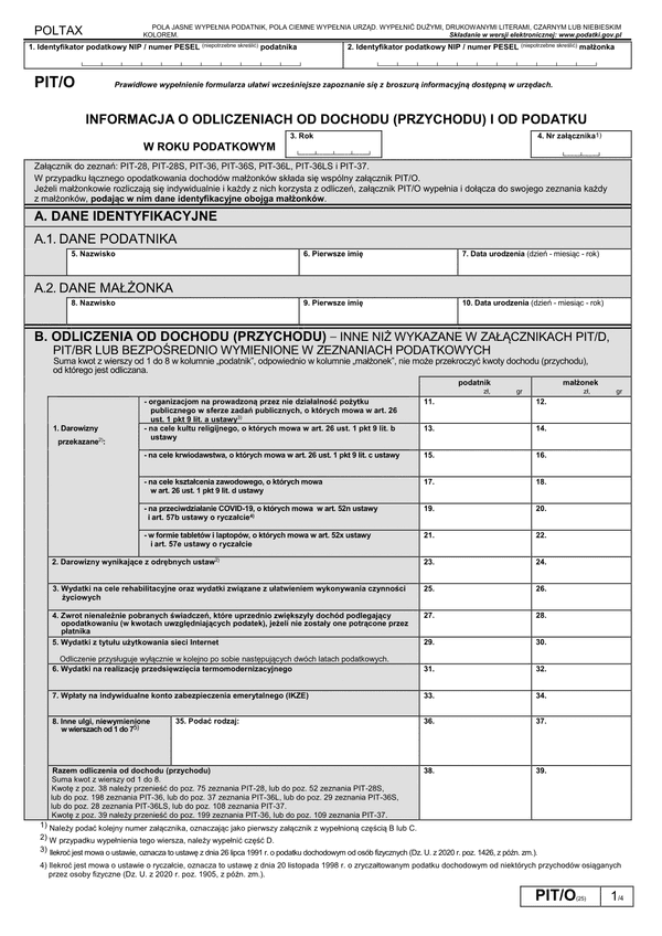 PIT/O (25) (archiwalny) (2020) Informacja o odliczeniach od dochodu (przychodu) i od podatku w roku podatkowym